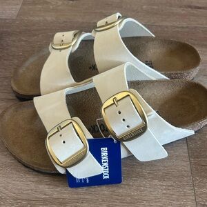 Birkenstock Cream Sandals with Gold Buckles